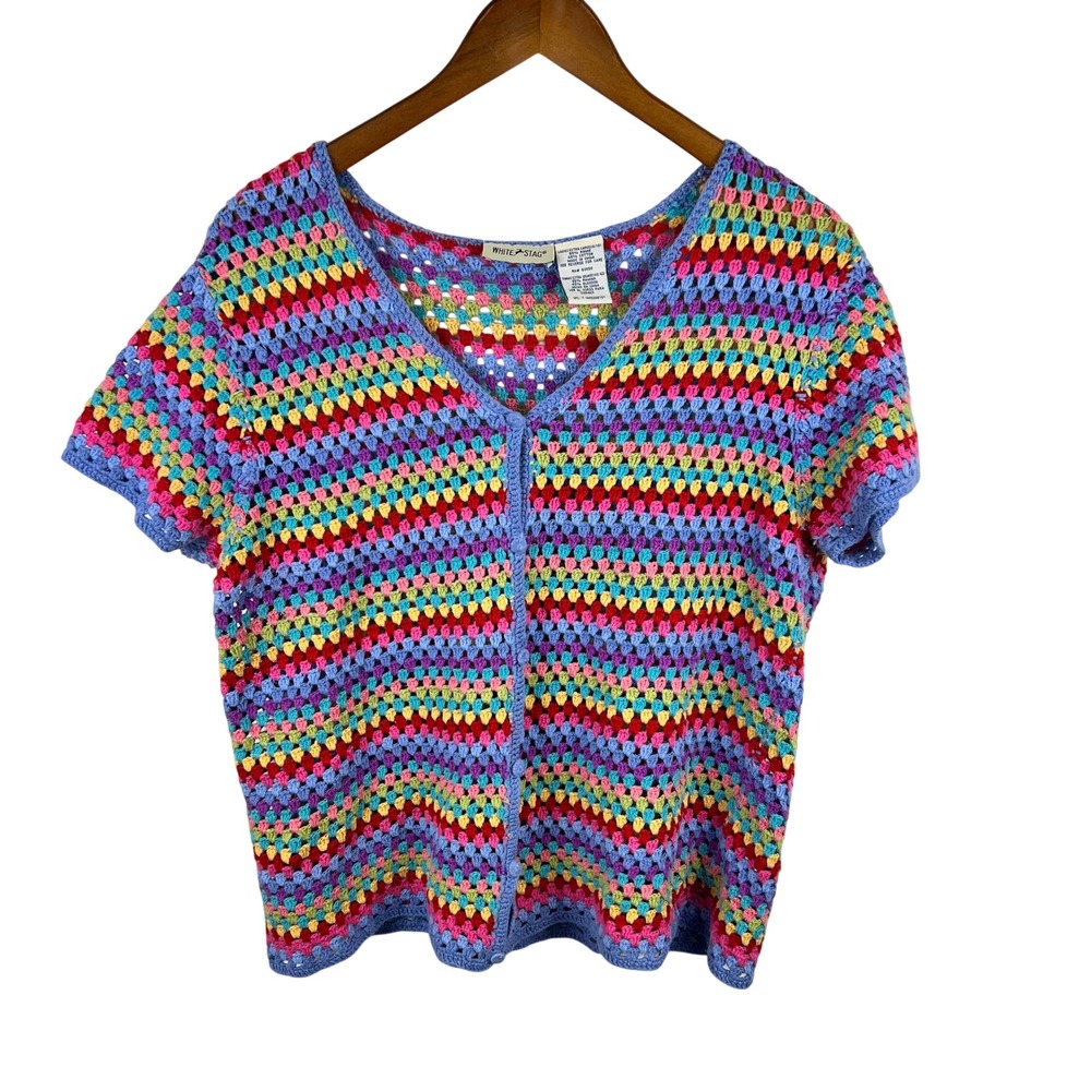 Vintage Rainbow Crochet Top XL Short Sleeve Colorful Cardigan Festival Cottage